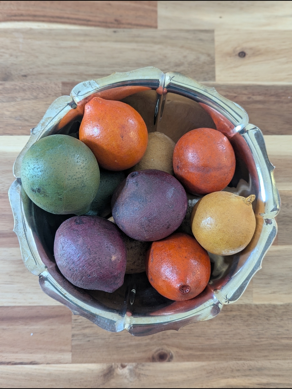 Wood Faux Fruit & Silver Revere Bowl Centerpiece Set